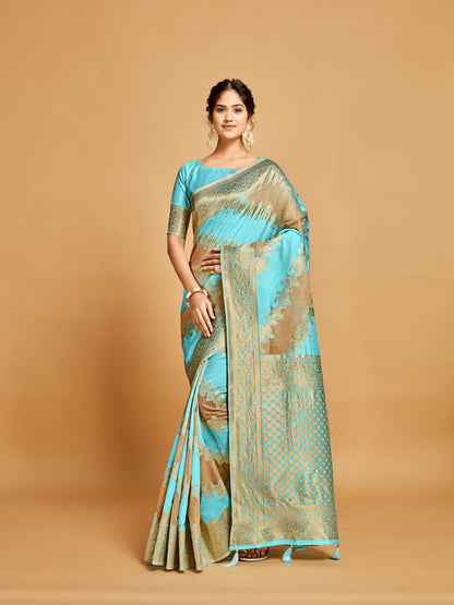Dhiyona GR Women's Maira Cyan Blue Leheriya Zari Woven Design Linen Saree