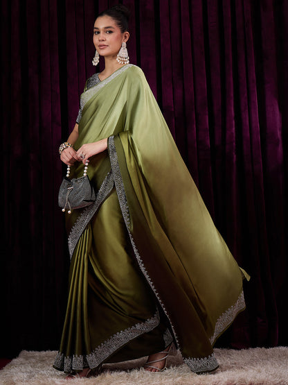 Women's Satin Silk Olive Embellished Designer Saree With Blouse Piece