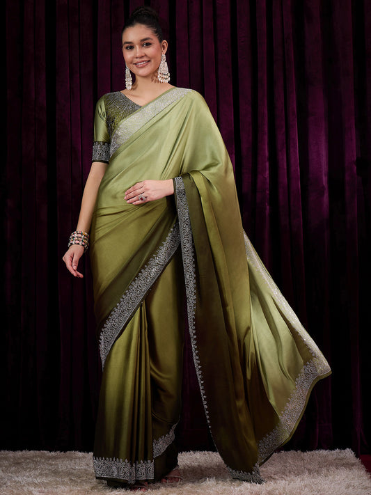 Women's Satin Silk Olive Embellished Designer Saree With Blouse Piece