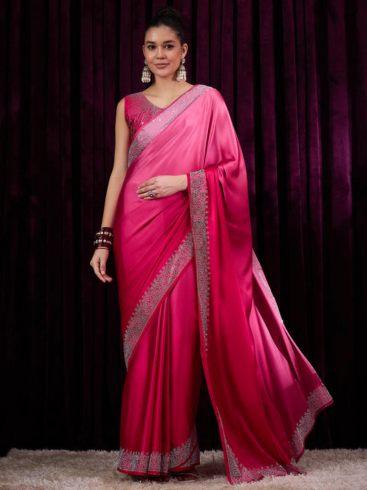 Women's Satin Silk Pink Embellished Designer Saree With Blouse Piece