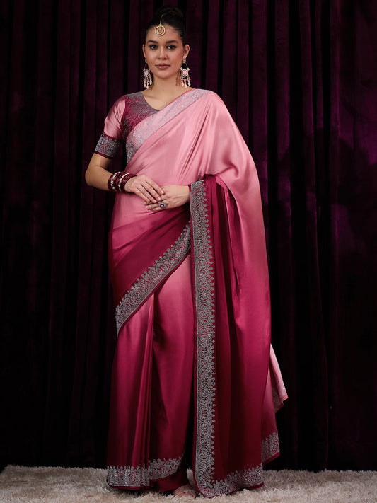 Women's Satin Silk Pink Embellished Designer Saree With Blouse Piece