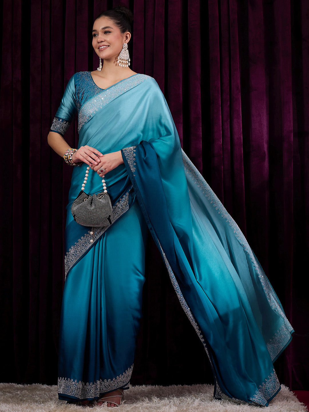 Women's Satin Silk Blue Embellished Designer Saree With Blouse Piece
