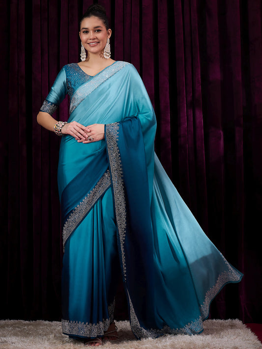Women's Satin Silk Blue Embellished Designer Saree With Blouse Piece