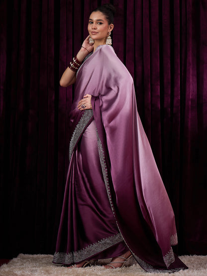 Women's Satin Silk Magenta Embellished Designer Saree With Blouse Piece