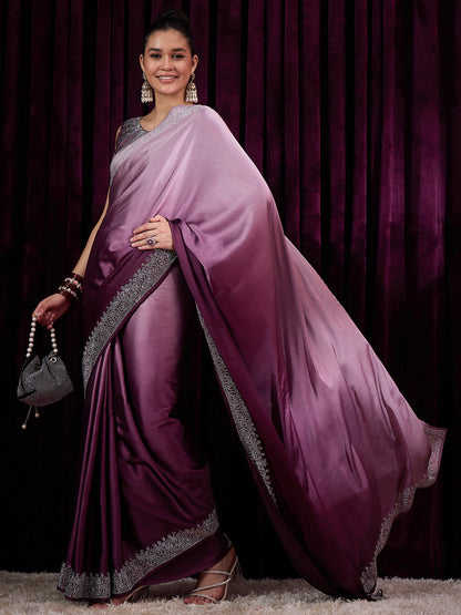 Women's Satin Silk Magenta Embellished Designer Saree With Blouse Piece
