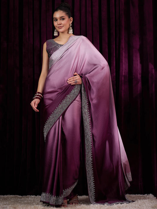 Women's Satin Silk Magenta Embellished Designer Saree With Blouse Piece