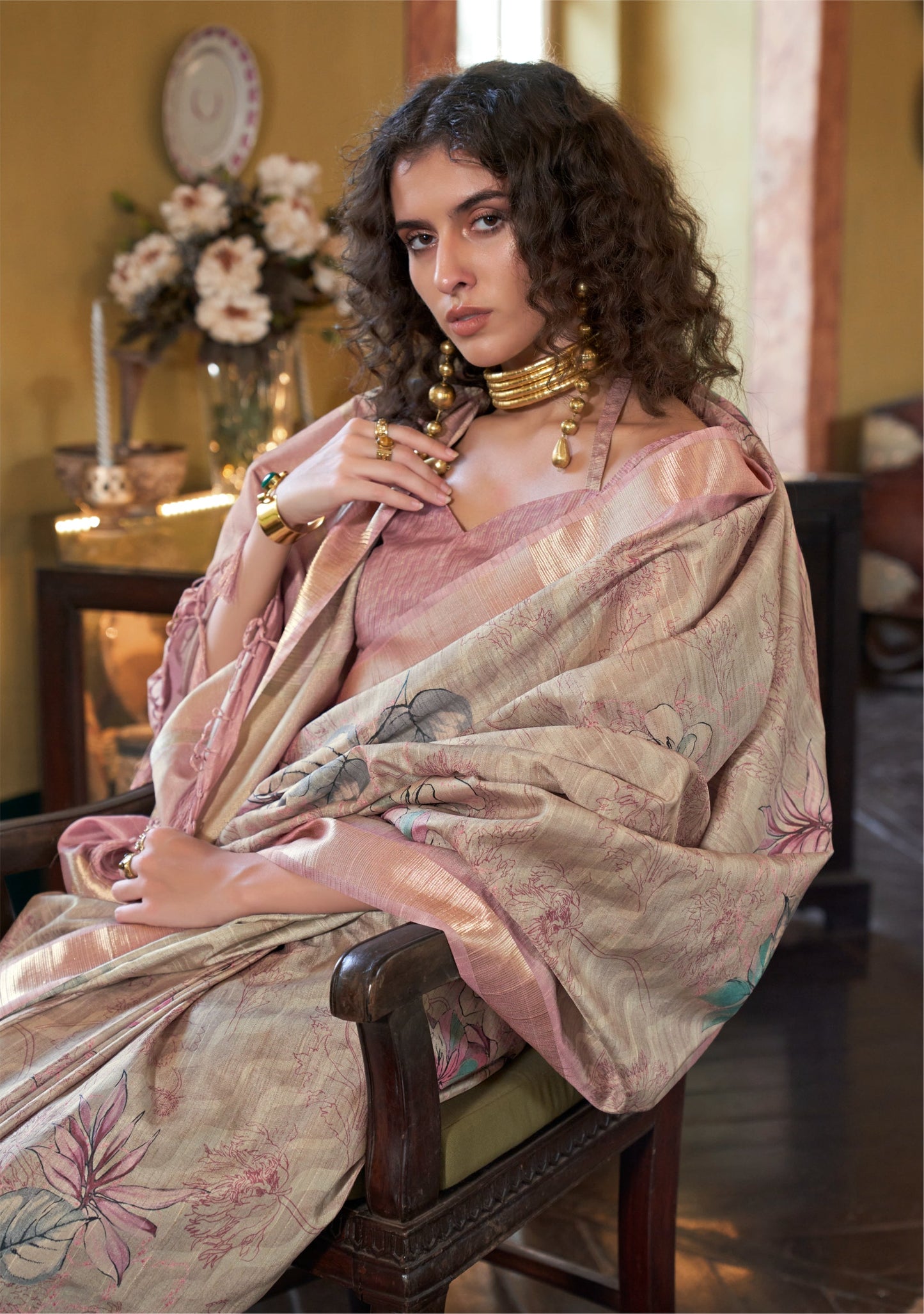 Dhiyona GR Women's Breezy Mauve & Grey Banarasi Digital Soft Silk Saree