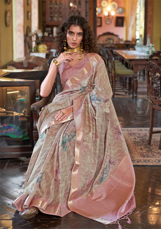 Dhiyona GR Women's Breezy Mauve & Grey Banarasi Digital Soft Silk Saree