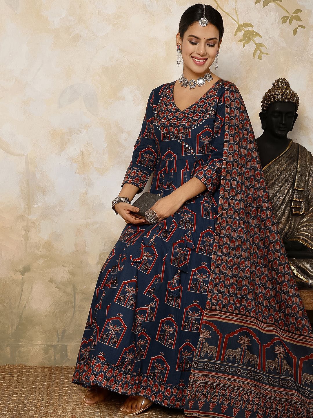 Dhiyona SN Women's Printed Pure Cotton Flared V-Neck Kurta & Palazzo With Dupatta