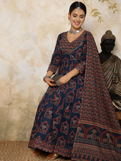 Dhiyona SN Women's Printed Pure Cotton Flared V-Neck Kurta & Palazzo With Dupatta