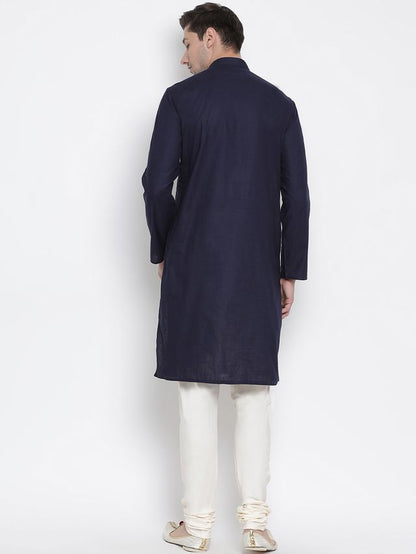 Men's Navy Blue Cotton Linen Straight Kurta Pyjama Set
