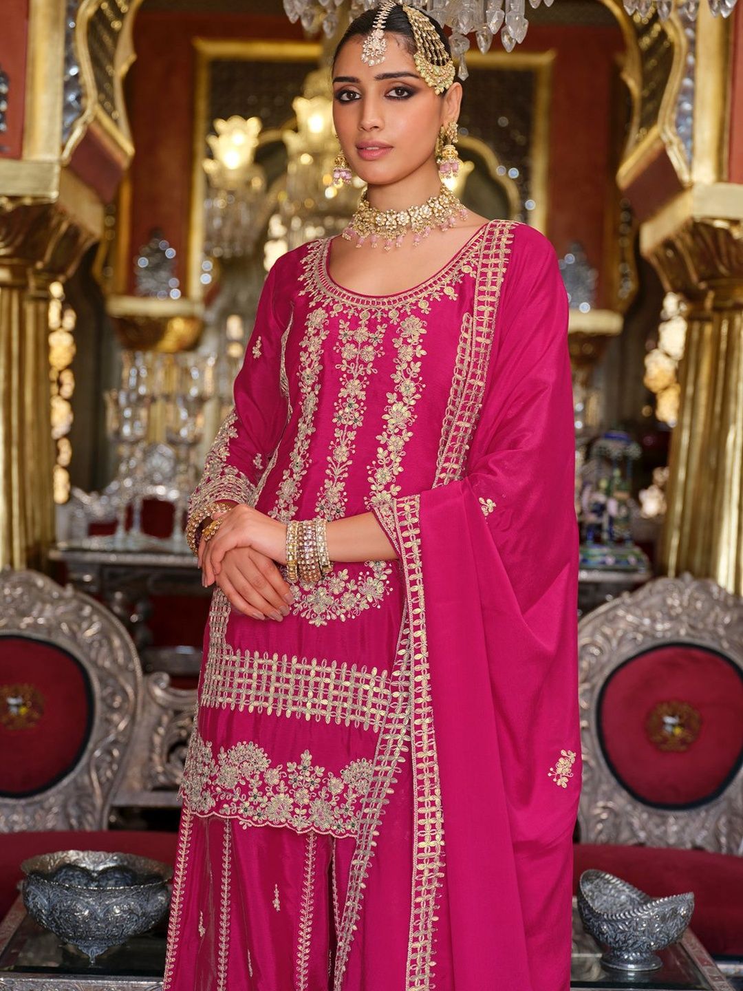 Dhiyona IE Women Ethnic Motifs Embroidered Thread Work Kurta with Sharara & Dupatta