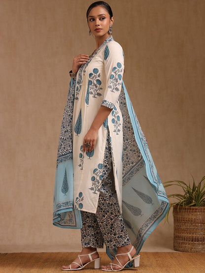 Dhiyona SO Women's Floral Printed V-Neck Straight Kurta With Trousers & Dupatta