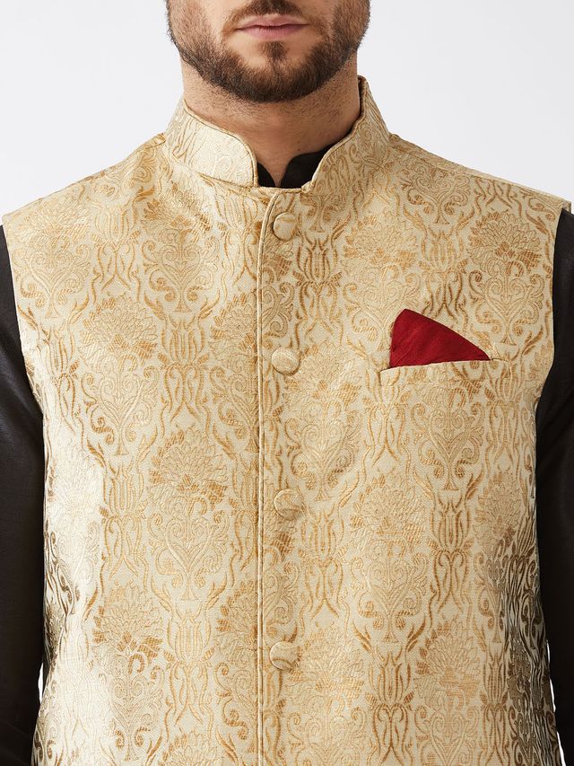 Men's Black Silk Blend Straight Jacket  Kurta and Dhoti Set