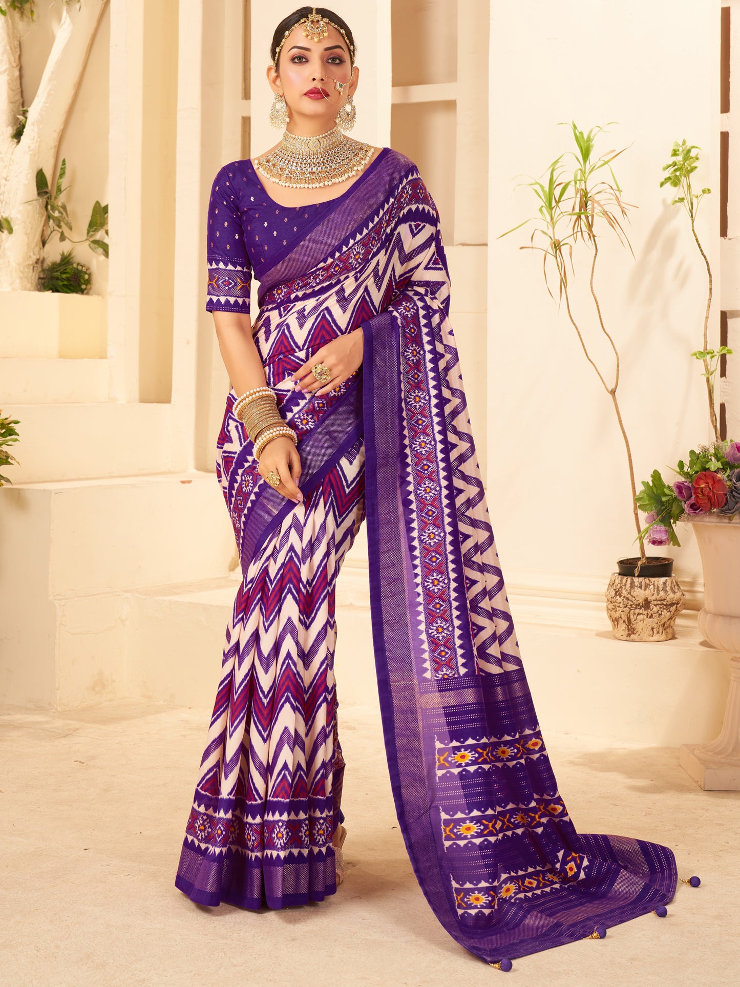Women's Silk Blend Purple Printed Designer Saree With Blouse Piece