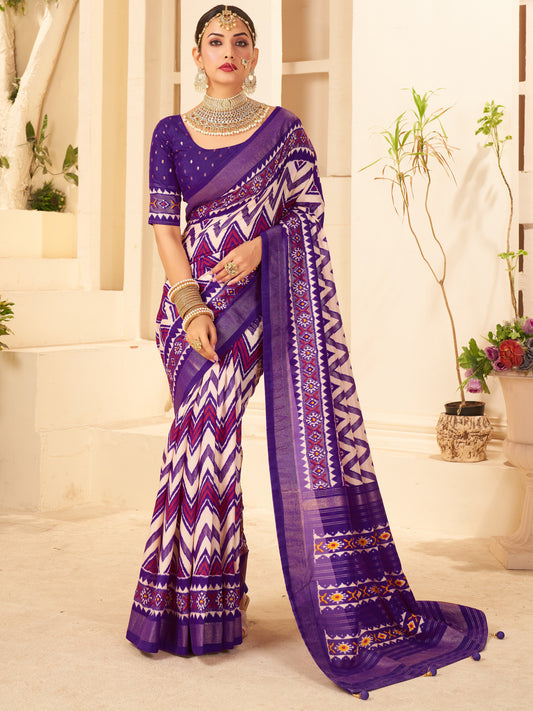 Women's Silk Blend Purple Printed Designer Saree With Blouse Piece