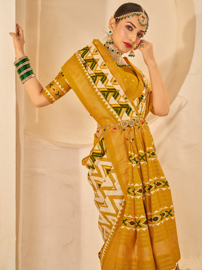 Women's Silk Blend Mustard Printed Designer Saree With Blouse Piece