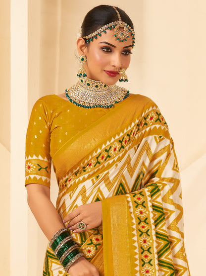 Women's Silk Blend Mustard Printed Designer Saree With Blouse Piece