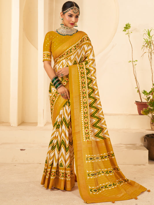 Women's Silk Blend Mustard Printed Designer Saree With Blouse Piece