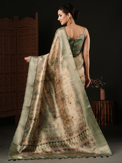 Women's Banarasi Silk Beige Printed Designer Saree With Blouse Piece