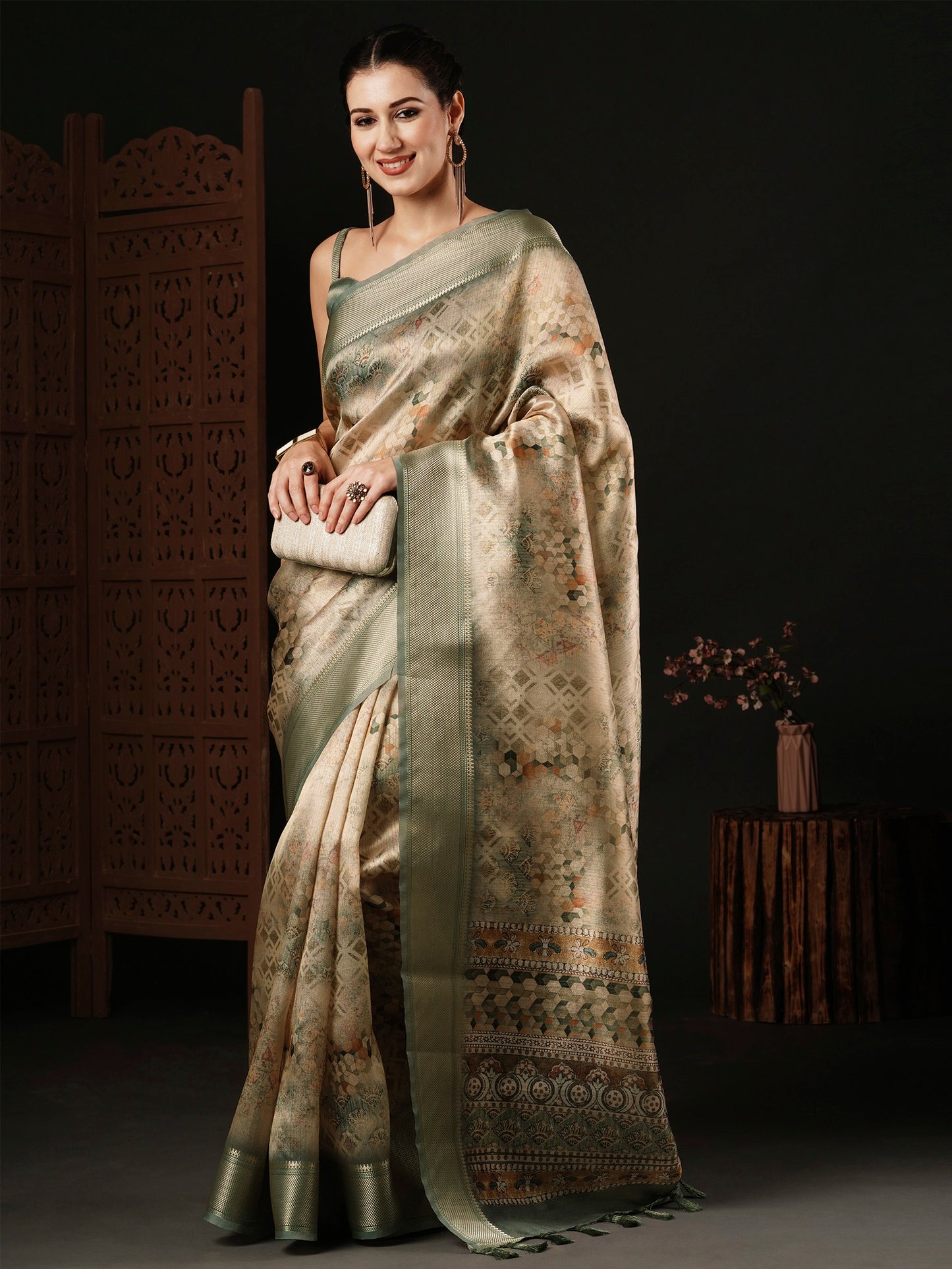 Women's Banarasi Silk Beige Printed Designer Saree With Blouse Piece