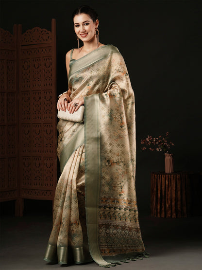 Women's Banarasi Silk Beige Printed Designer Saree With Blouse Piece