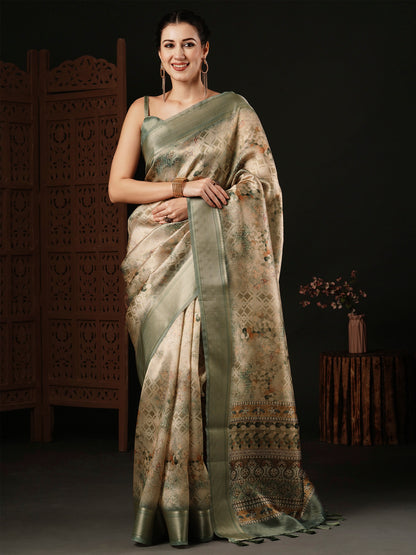 Women's Banarasi Silk Beige Printed Designer Saree With Blouse Piece