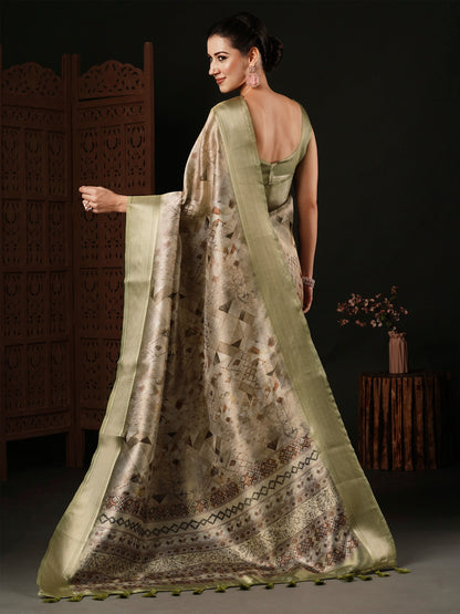 Women's Banarasi Silk Beige Printed Designer Saree With Blouse Piece