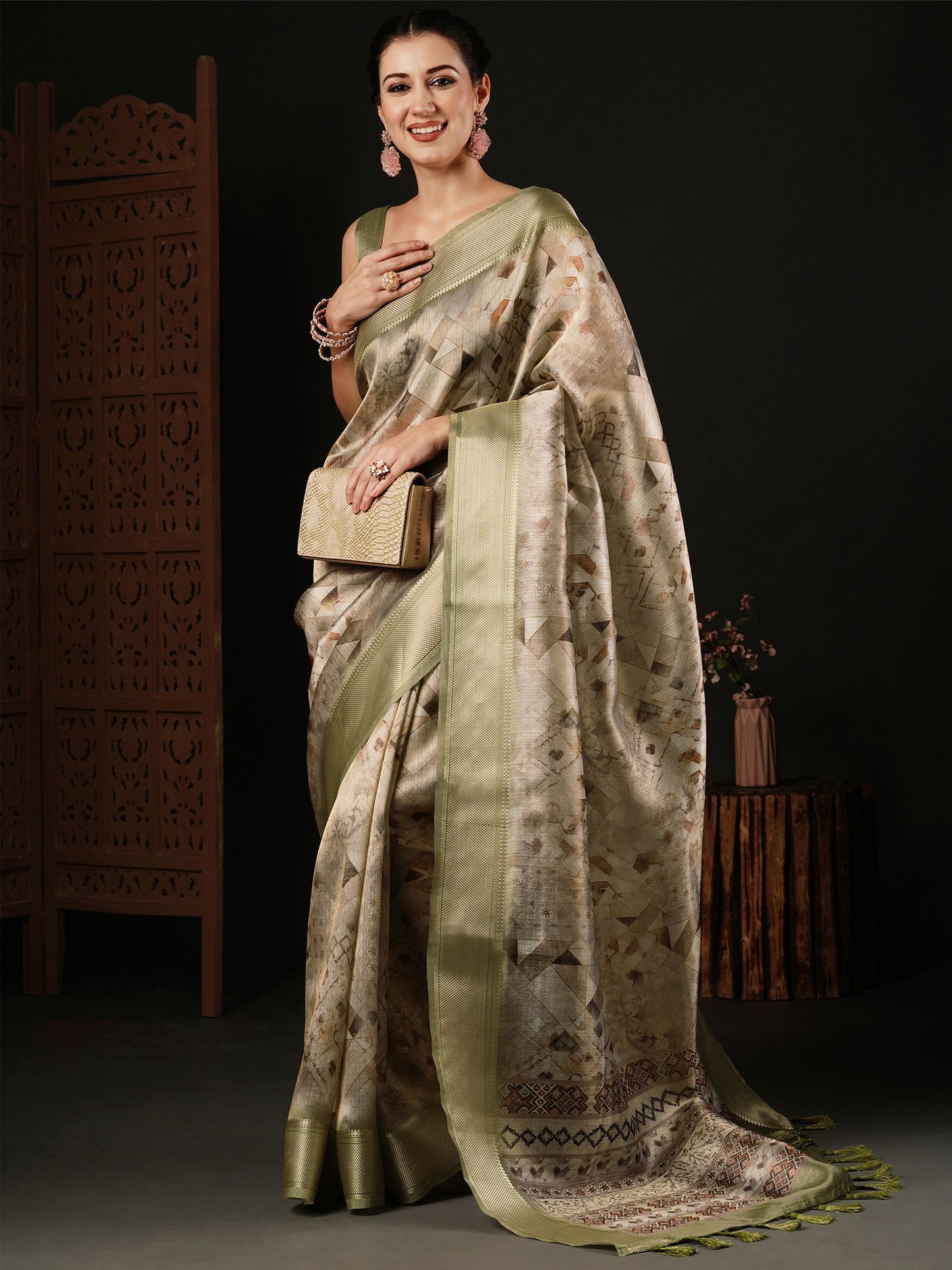 Women's Banarasi Silk Beige Printed Designer Saree With Blouse Piece