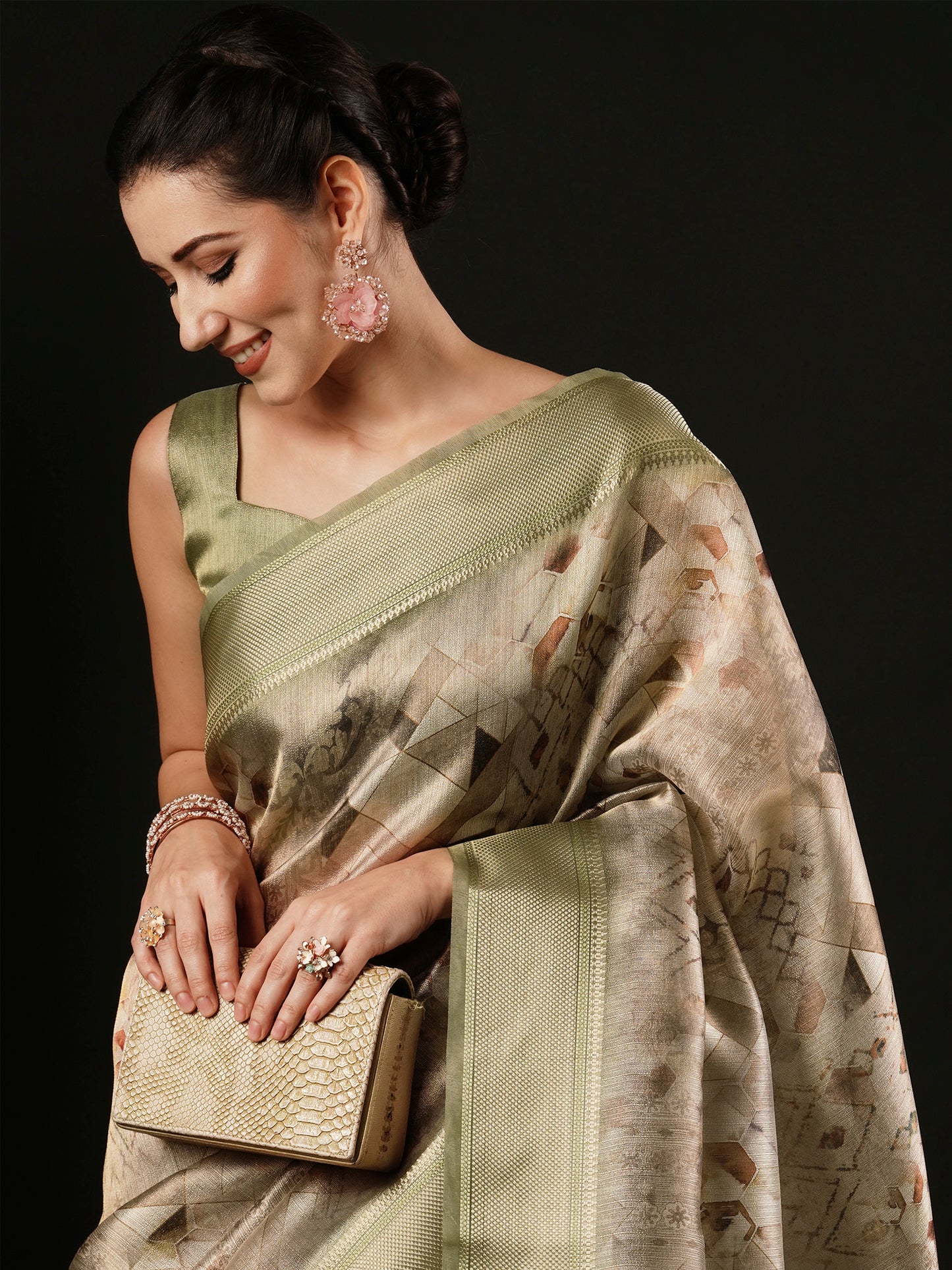 Women's Banarasi Silk Beige Printed Designer Saree With Blouse Piece