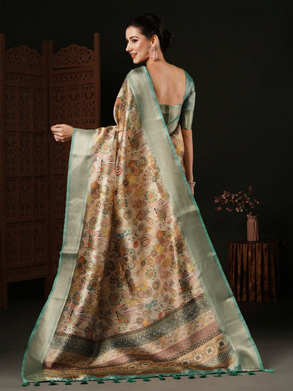 Women's Banarasi Silk Beige Printed Designer Saree With Blouse Piece