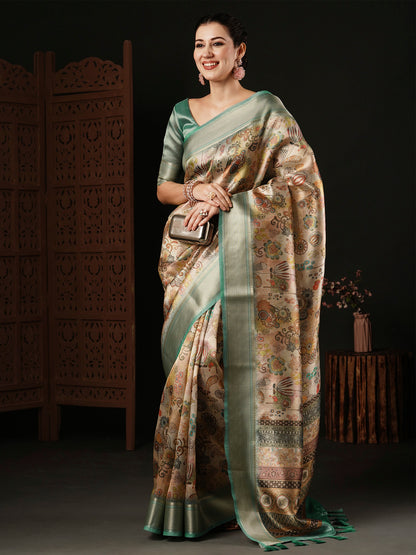 Women's Banarasi Silk Beige Printed Designer Saree With Blouse Piece