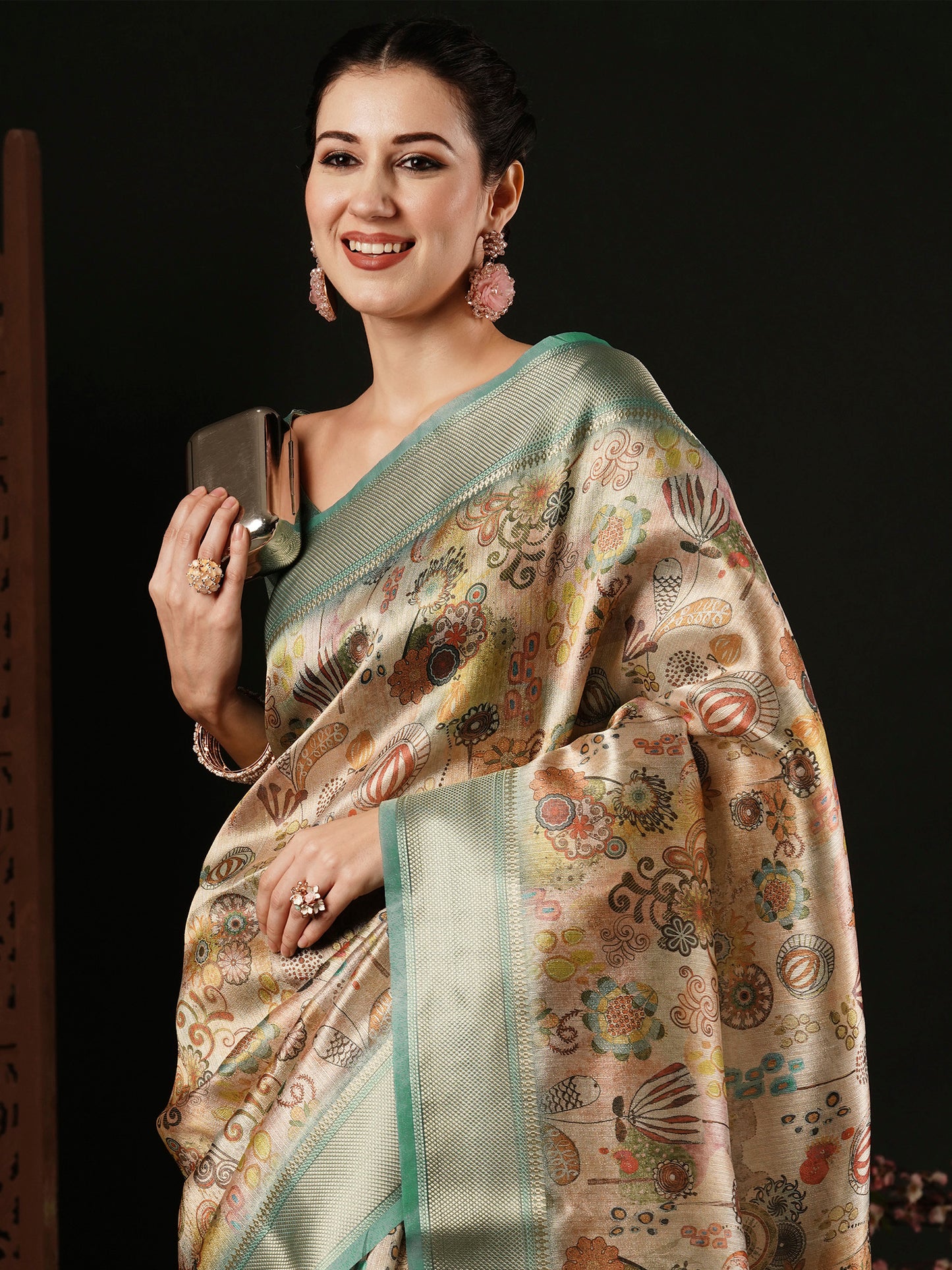 Women's Banarasi Silk Beige Printed Designer Saree With Blouse Piece