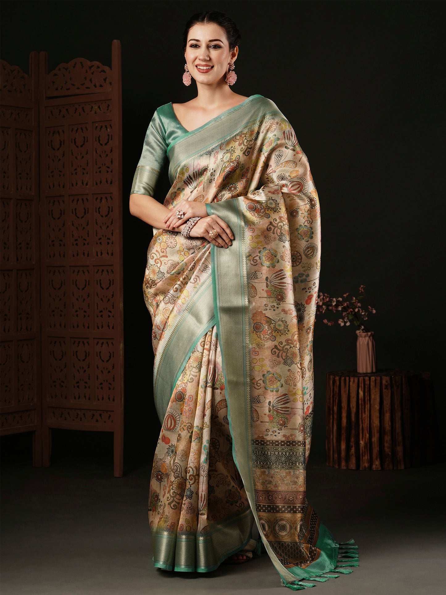 Women's Banarasi Silk Beige Printed Designer Saree With Blouse Piece