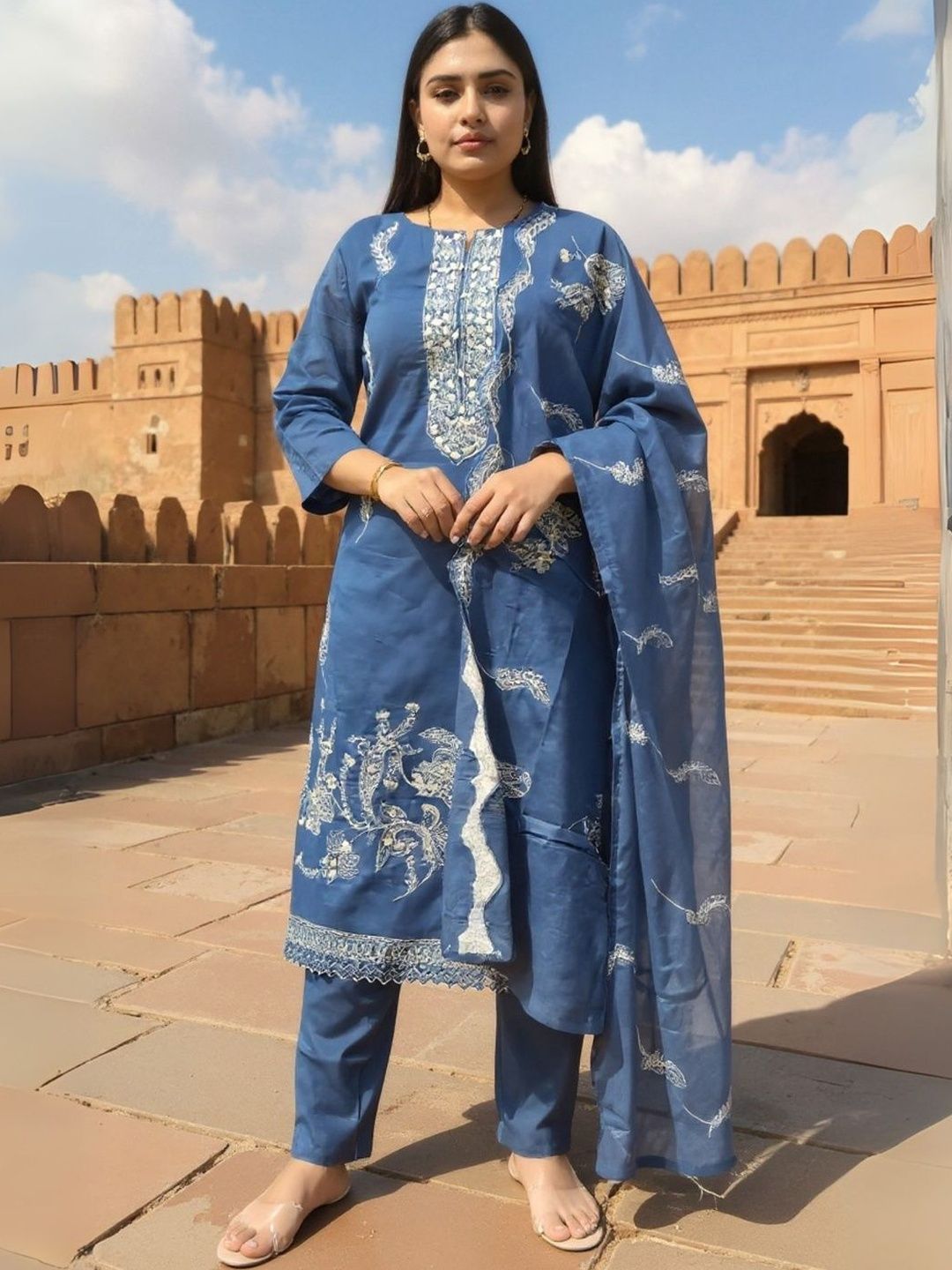 Dhiyona IE Ethnic Motifs Embroidered Thread Work Pure Cotton Kurta With Trousers & Dupatta