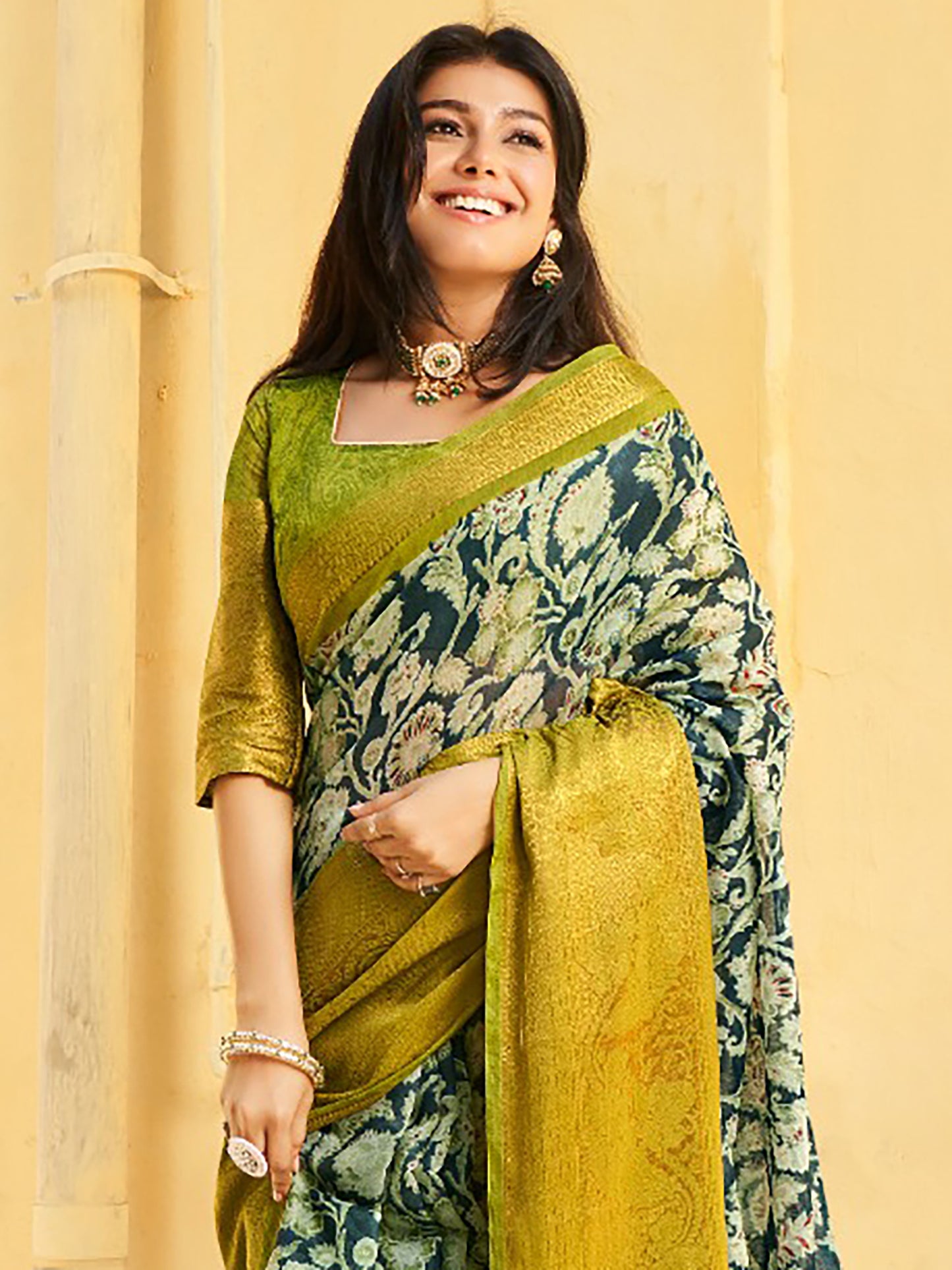 Women's Cotton Blend Teal blue Printed Designer Saree With Blouse Piece