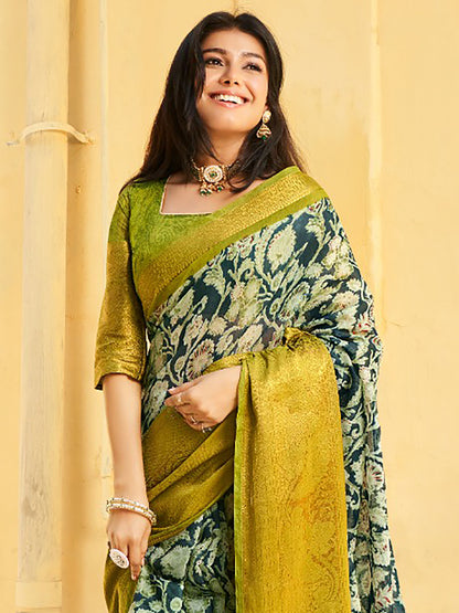 Women's Cotton Blend Teal blue Printed Designer Saree With Blouse Piece