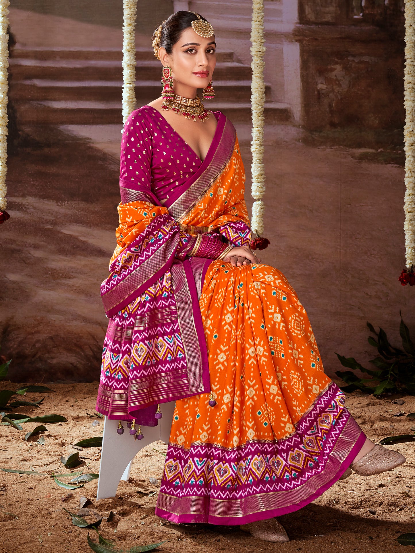Women's Tussar Silk Orange Printed Designer Saree With Blouse Piece