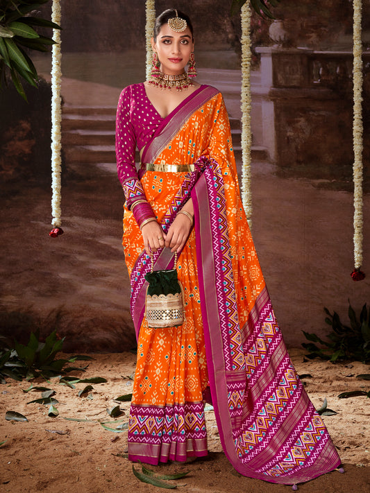 Women's Tussar Silk Orange Printed Designer Saree With Blouse Piece