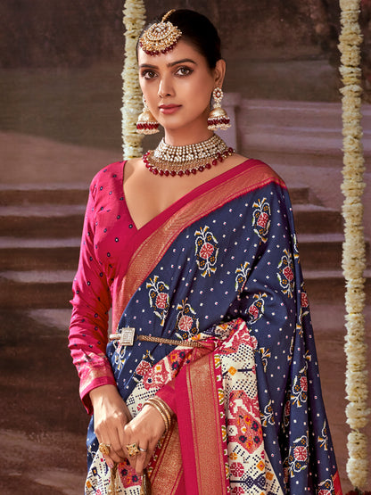 Women's Tussar Silk Navy Blue Printed Designer Saree With Blouse Piece