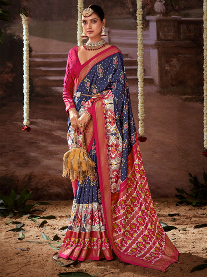 Women's Tussar Silk Navy Blue Printed Designer Saree With Blouse Piece