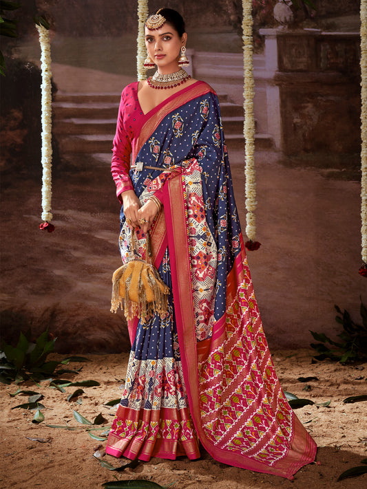 Women's Tussar Silk Navy Blue Printed Designer Saree With Blouse Piece