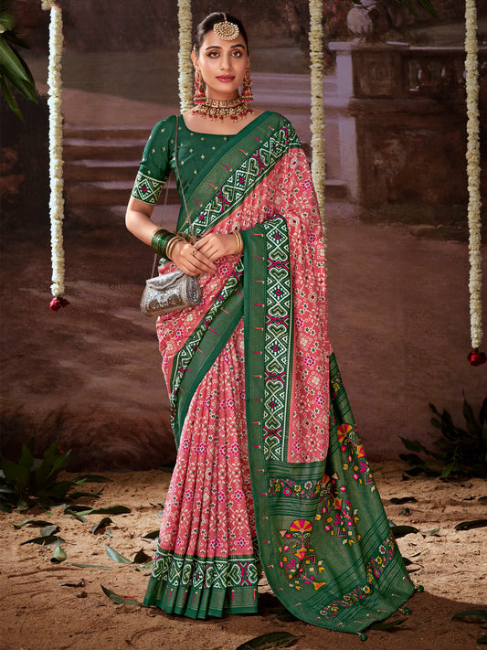 Women's Tussar Silk Pink Printed Designer Saree With Blouse Piece