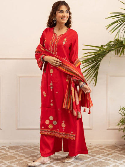 Ethnic Motifs Embroidered Thread Work Kurta With Palazzos & Dupatta