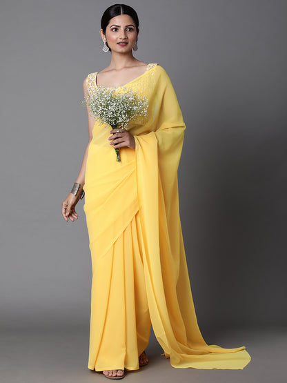 Women's Georgette Yellow Embellished Celebrity Saree With Blouse Piece