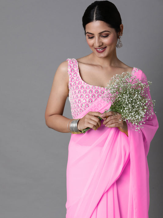 Women's Georgette Pink Embellished Celebrity Saree With Blouse Piece