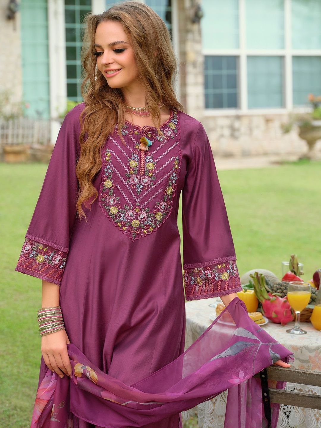 Floral Embroidered Thread Work Kurta with Palazzo & With Dupatta