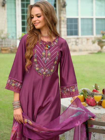 Floral Embroidered Thread Work Kurta with Palazzo & With Dupatta