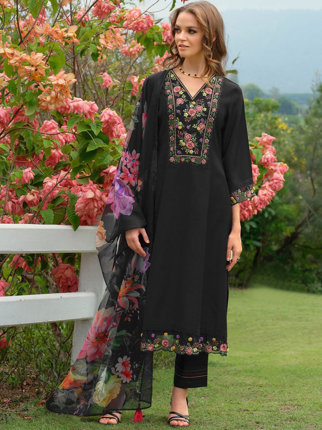 Floral Embroidered V-Neck Liva A-Line Kurta With Trousers & Dupatta