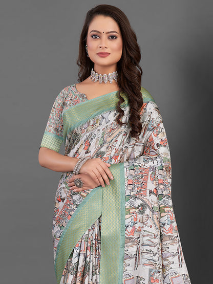 Women's Manipuri Silk Off White Printed Designer Saree With Blouse Piece